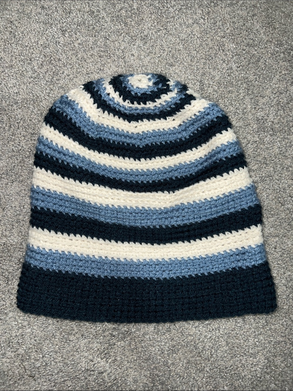 Handmade Crochet Beanie – Blue, Navy & Cream Striped Winter Hat
